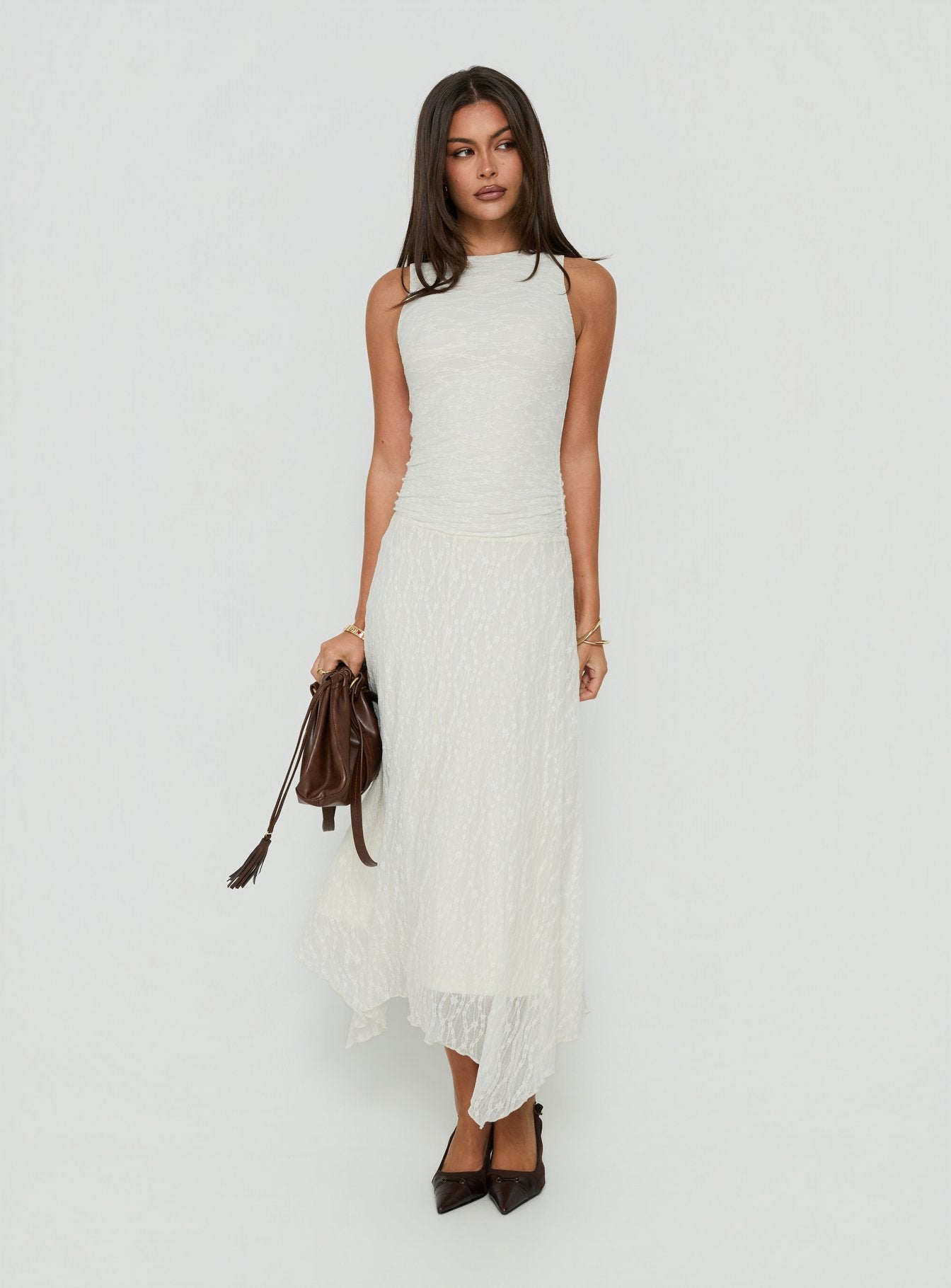 Enzina Lace Hanky Hem Maxi Dress Cream