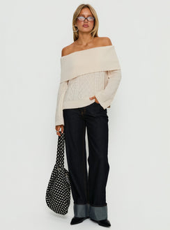 front view of model wearing Princess Polly Margarete Off Shoulder Knit Sweater Cream Longline Jumpers 