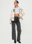 Cream shearling jacket Classic collar, exposed zip fastening, twin pockets, faux leather stitching, buckle detail