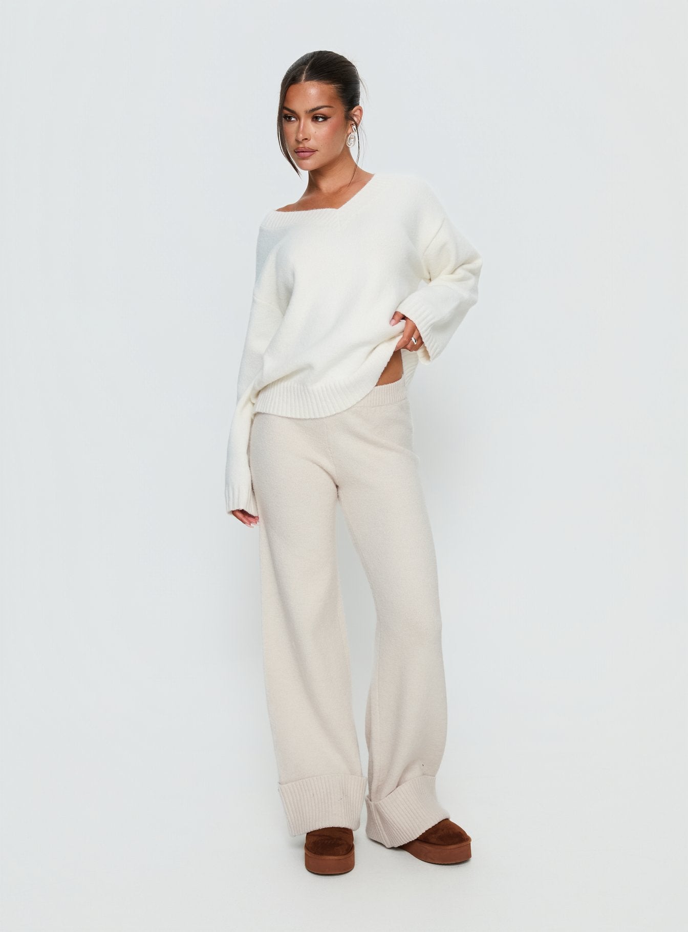 front view of model wearing Princess Polly Shinead Cuffed Pants White High Rise Pants 