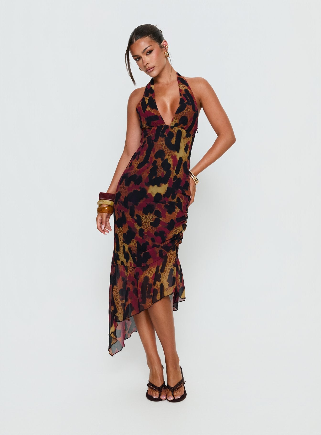 Katriona Halter Asymmetrical Maxi Dress | Leopard Multi | Womens