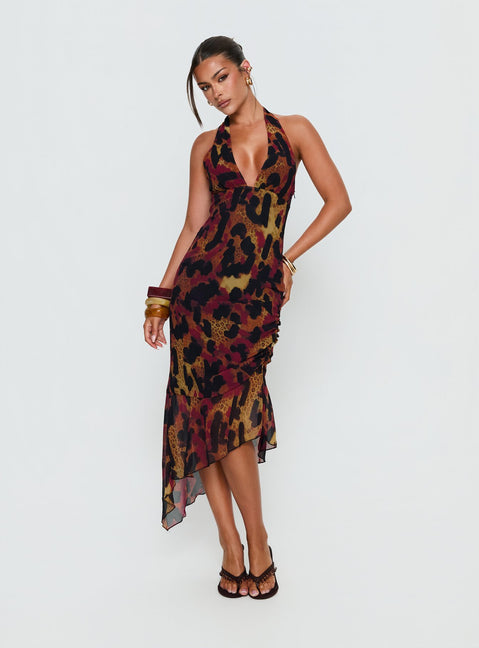navy blue dress for baby girl Leopard Satin One Shoulder Maxi Dress With Slit main image 1