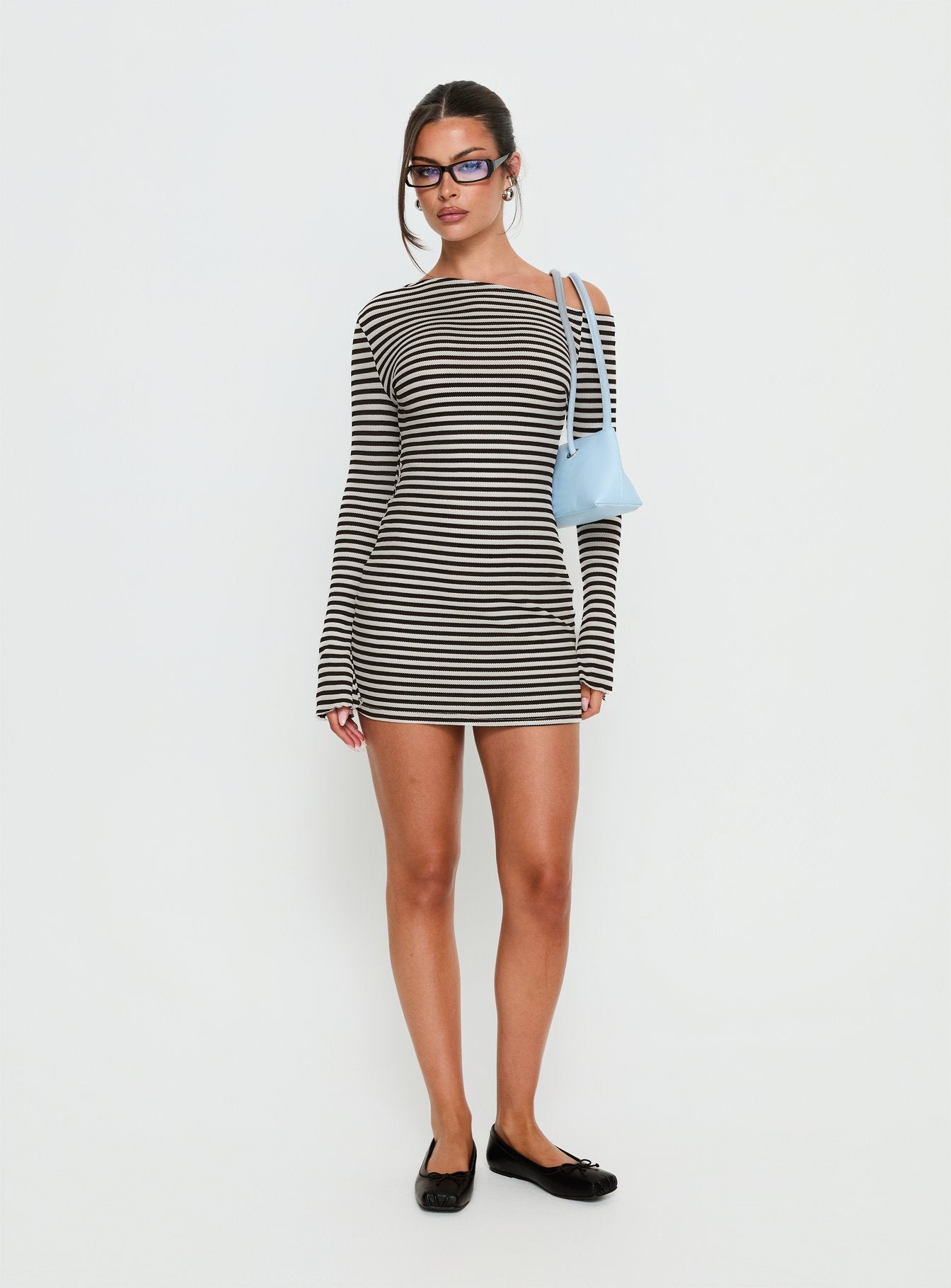 black and white striped dress off the shoulder Journi Off Shoulder Long Sleeve Mini Dress Black | White Stripe | Black | White Stripe | Womens