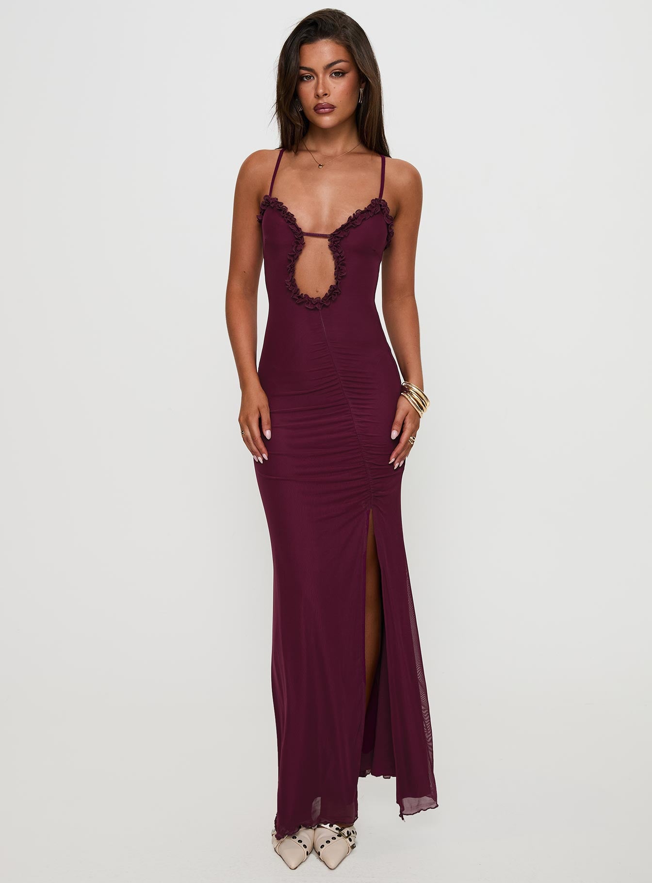 front view of model wearing Princess Polly Soulina Ruched Maxi Dress Purple Sweetheart Neckline 