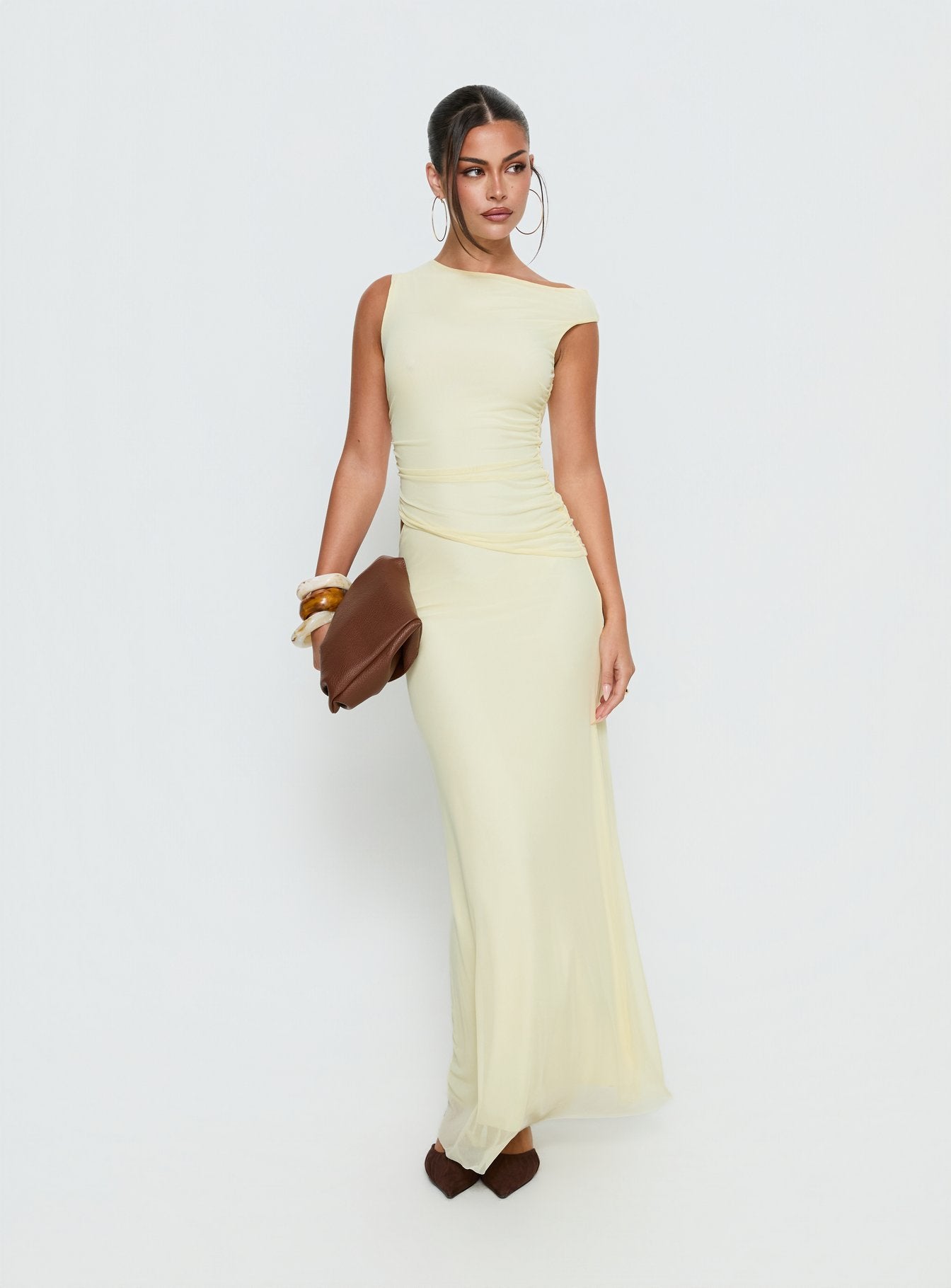 Krystyna Off Shoulder Ruched Mesh Maxi Dress Butter | Princess Polly Krystyna Off Shoulder Ruched Mesh Maxi Dress Butter | Princess Polly