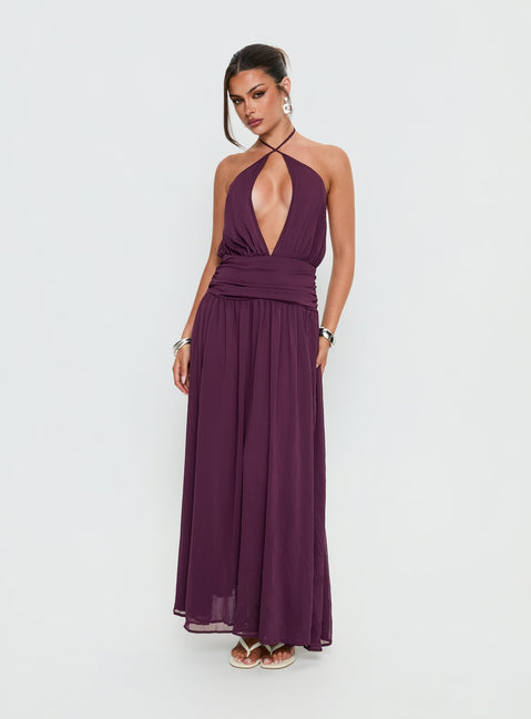 Catherina Blouson Halter Maxi Dress Deep Purple