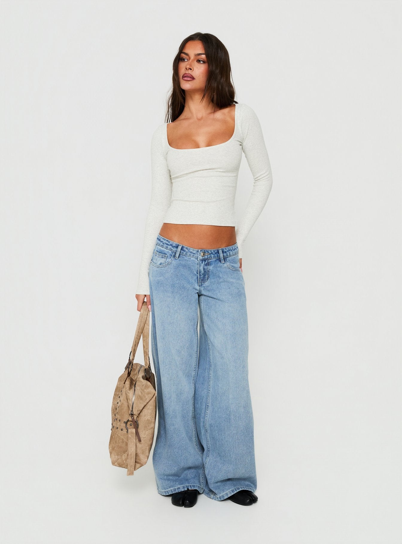 Baseline Rib Scoop Neck Long Sleeve Reversible Top Grey Marle