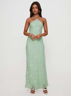 front view of model wearing Princess Polly Zoelle Halter Maxi Dress Sage V-Neck 