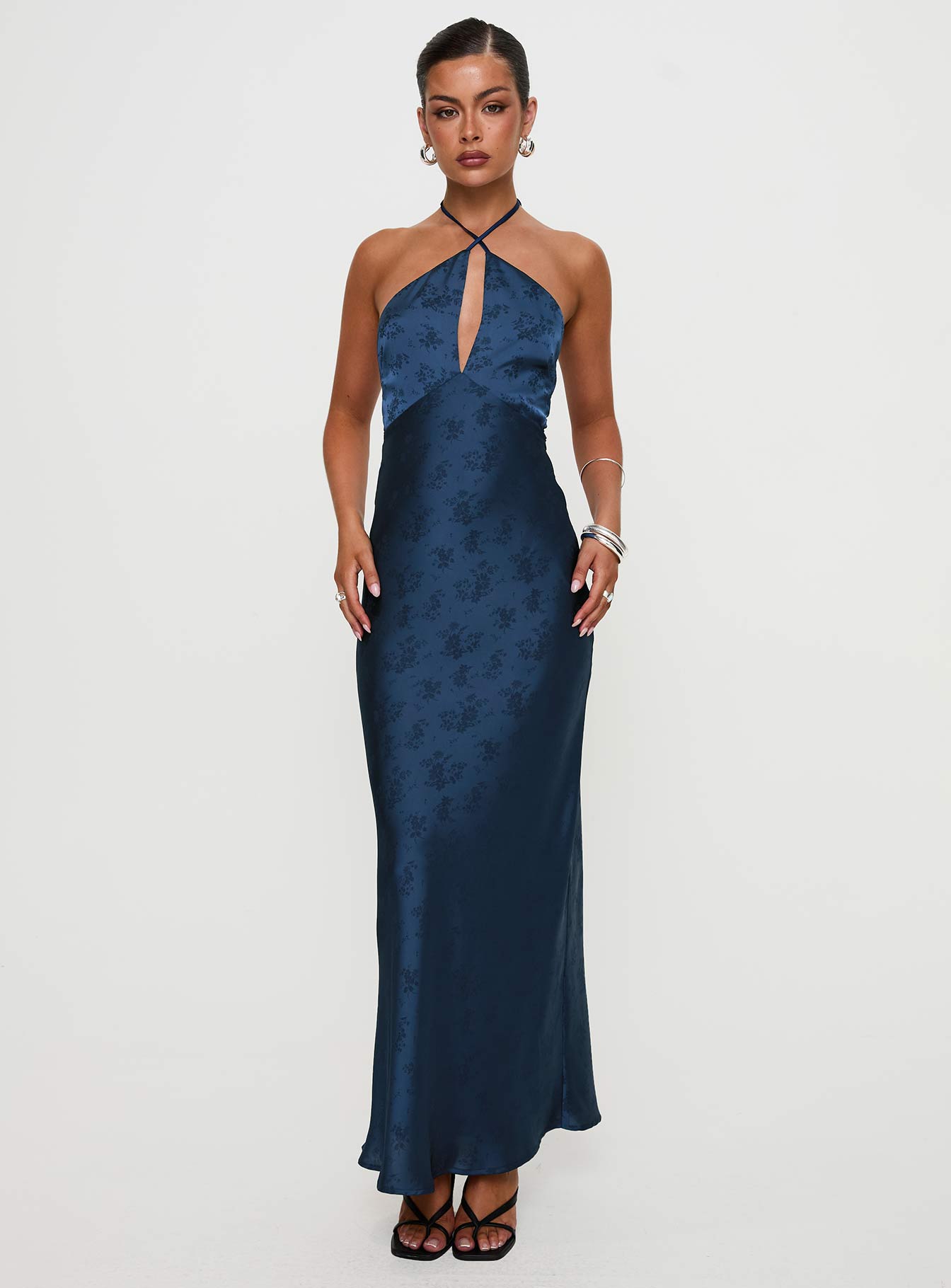 front view of model wearing Princess Polly Limosina Halter Maxi Dress Navy Plunger 