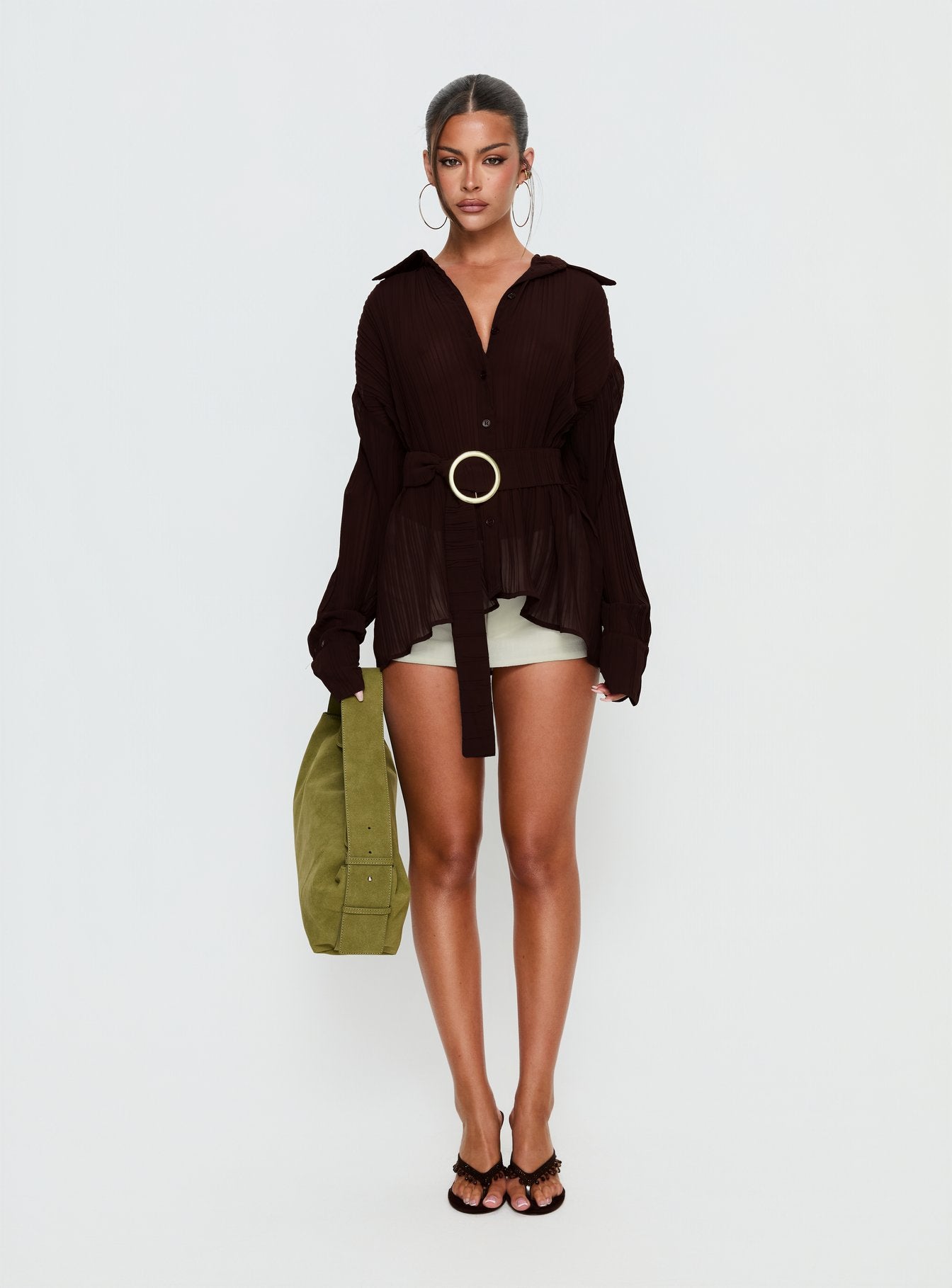 Rhiane Belted Long Sleeve Shirt Chocolate