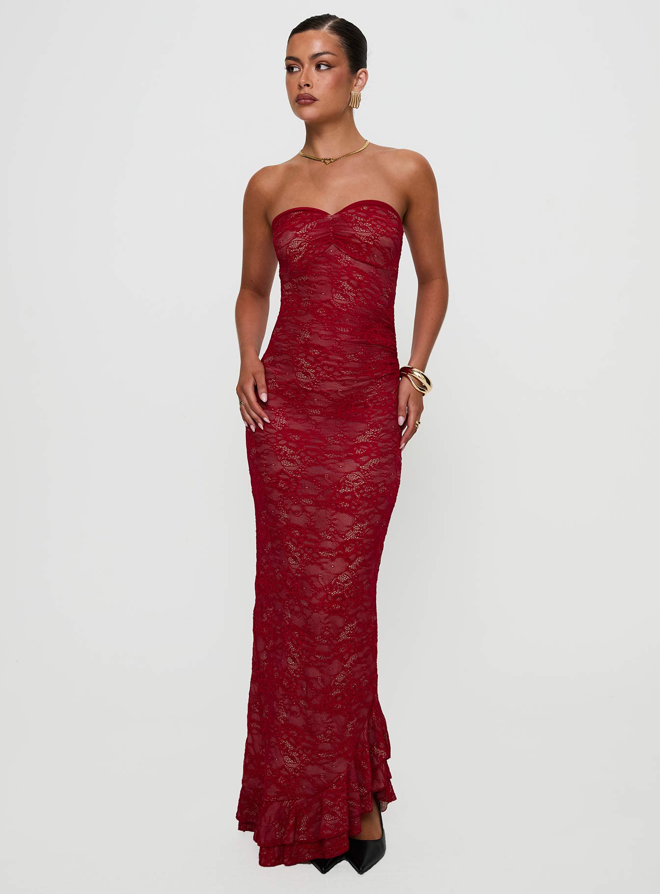 front view of model wearing Princess Polly Hailees Lace Strapless Maxi Dress Red Sweetheart Neckline 