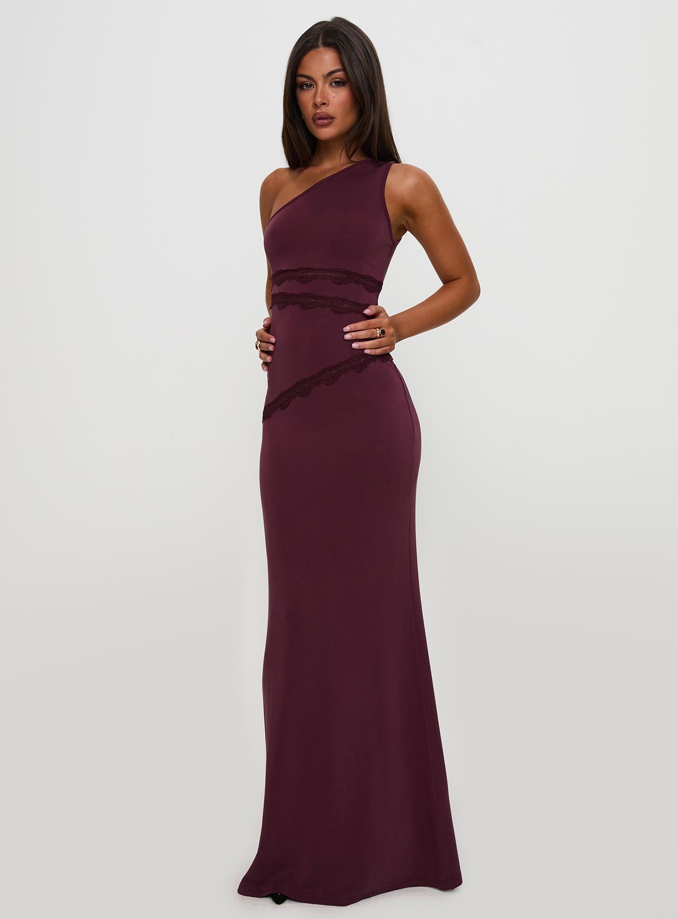 ultraviolet one shoulder lace maxi dress wine Ultraviolet One Shoulder Lace Maxi Dress Wine