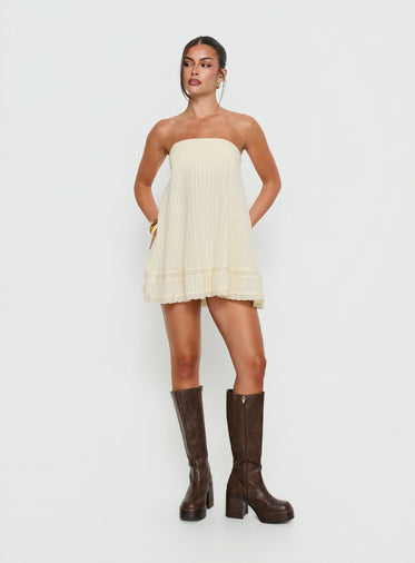 formal dress brown Mikena Strapless Belt Mini Dress | Brown PinStripe | Womens