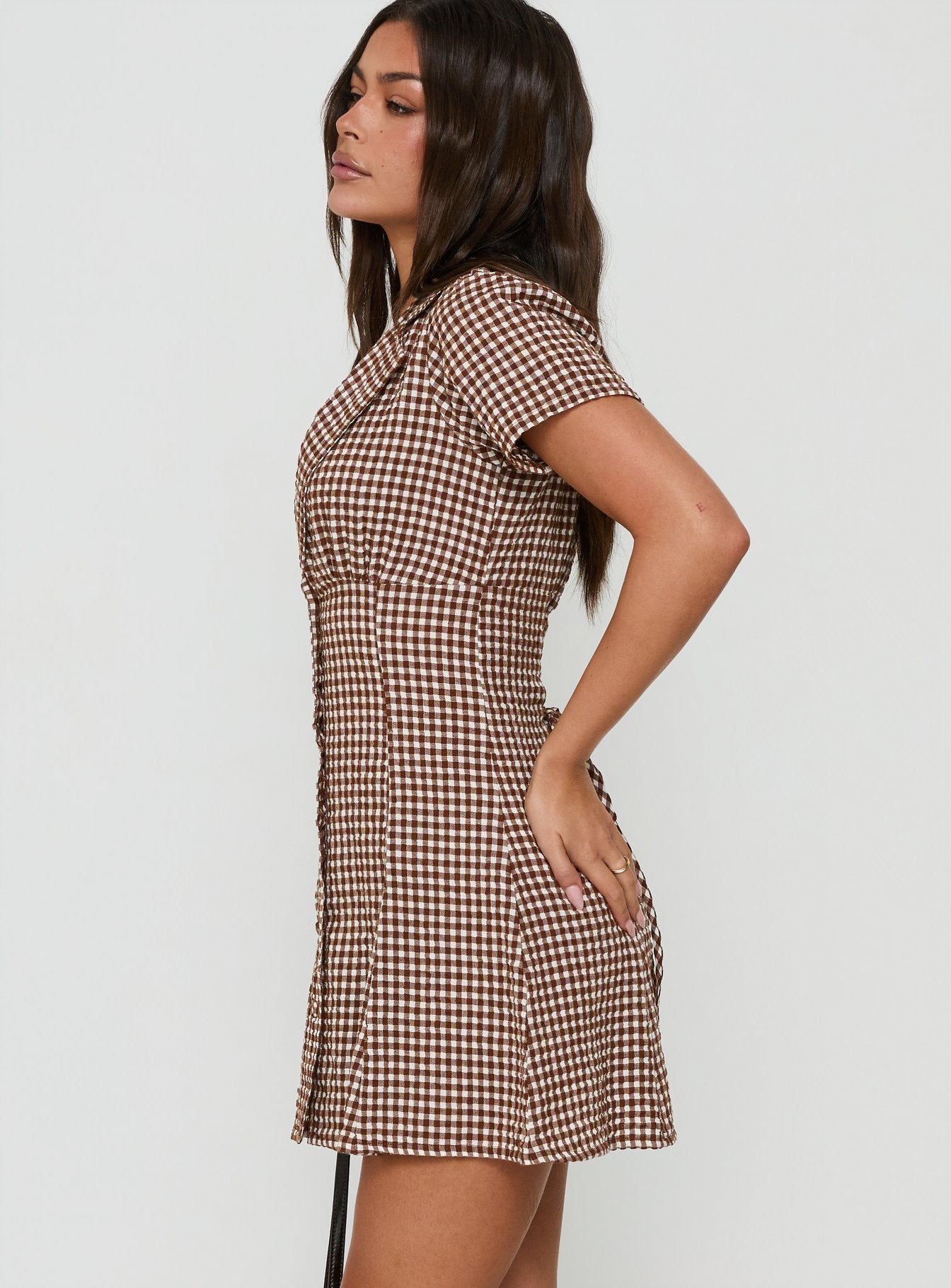 Pique Button Down Mini Dress Brown Gingham