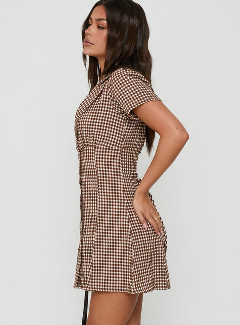 Pique Button Down Mini Dress Brown Gingham