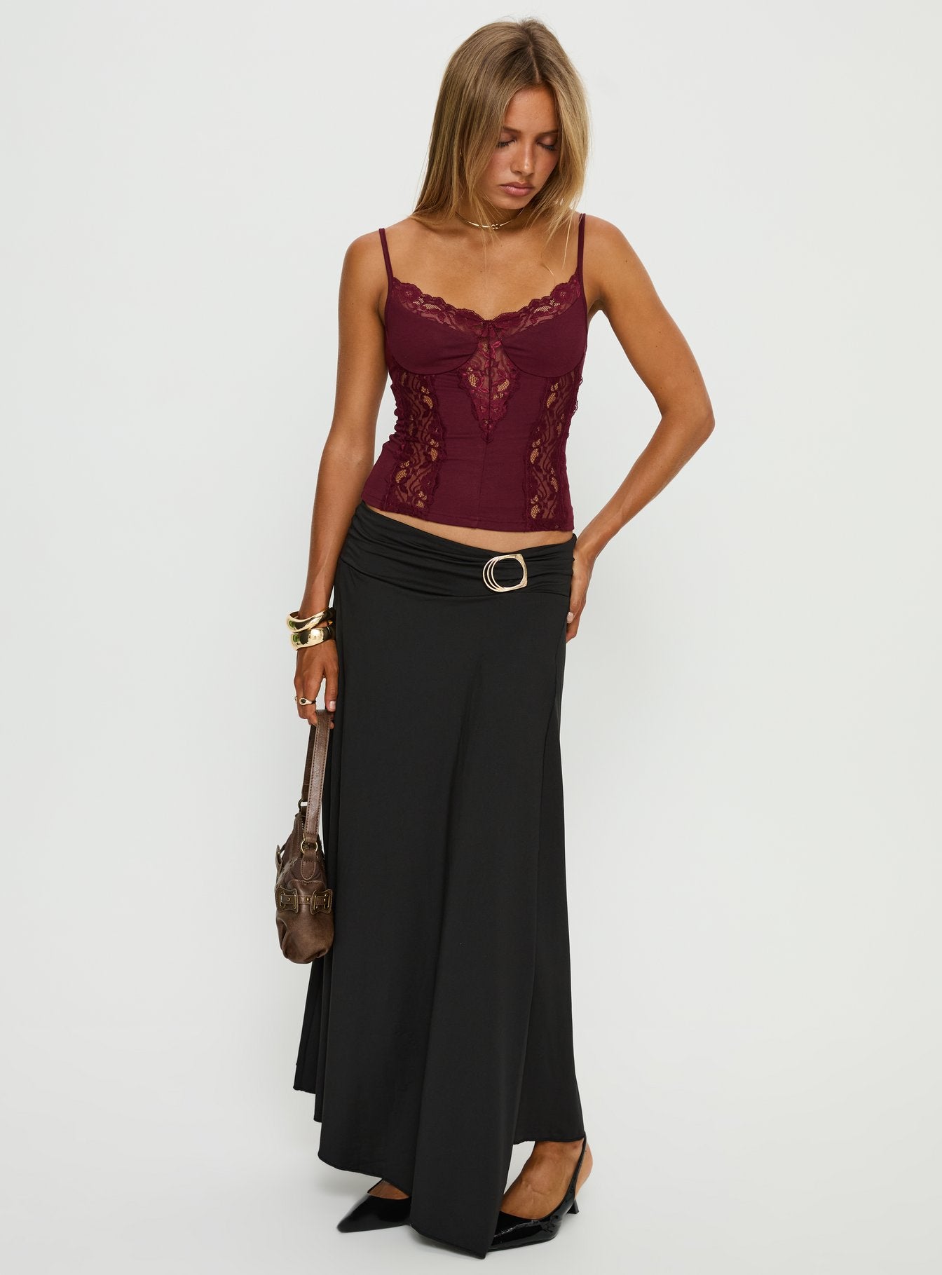   front view of model wearing Princess Polly Nola Hardware Slit Maxi Skirt Black 