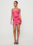 front view of model wearing Princess Polly Stevens Mini Dress Pink Floral Sweetheart Neckline 