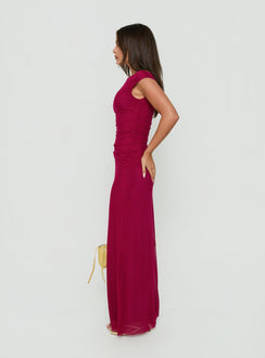 Krystyna Off Shoulder Ruched Mesh Maxi Dress Berry