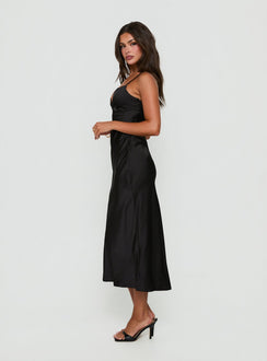 Declanna Satin Lace Trim Slip Midi Dress Black