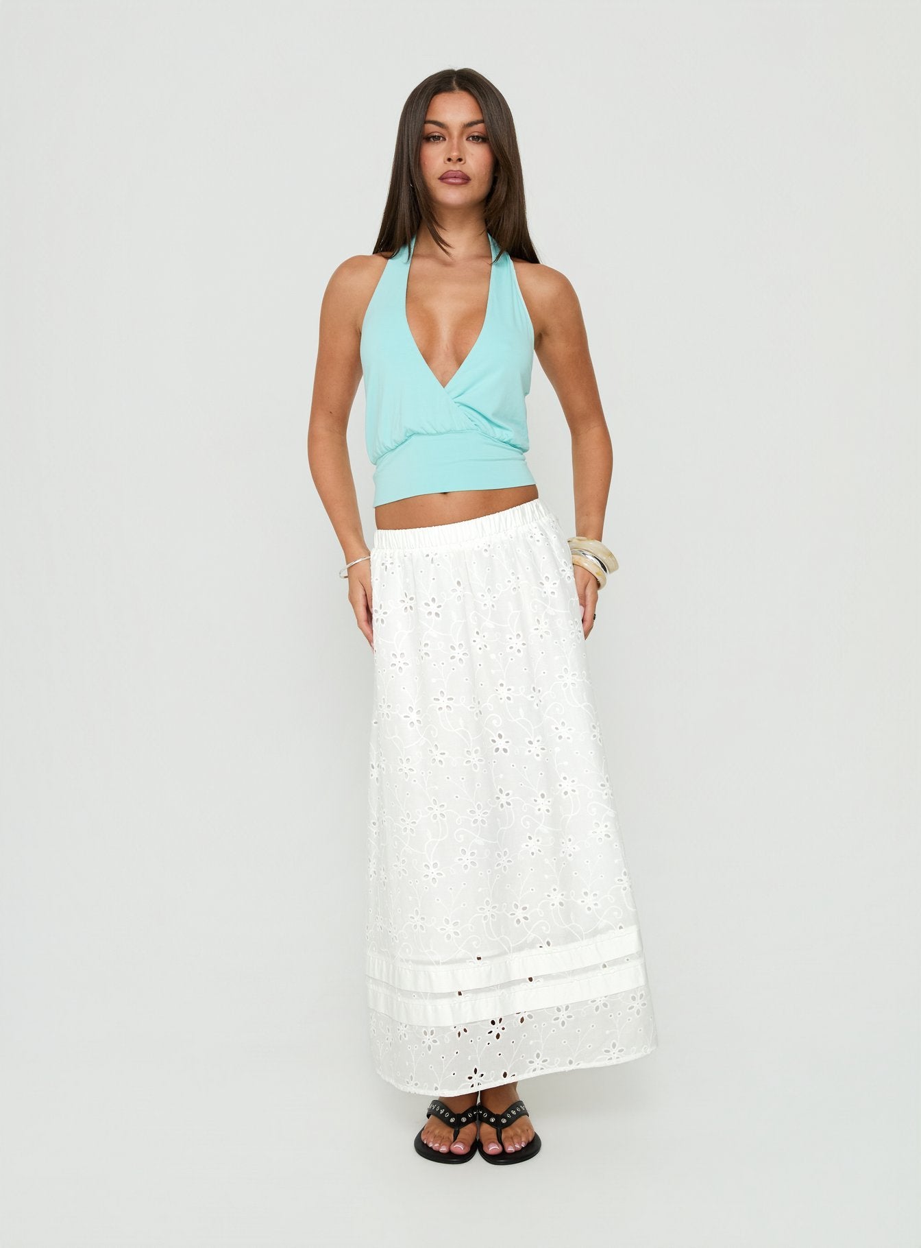 Isolie Tiered Maxi Skirt White Anglaise