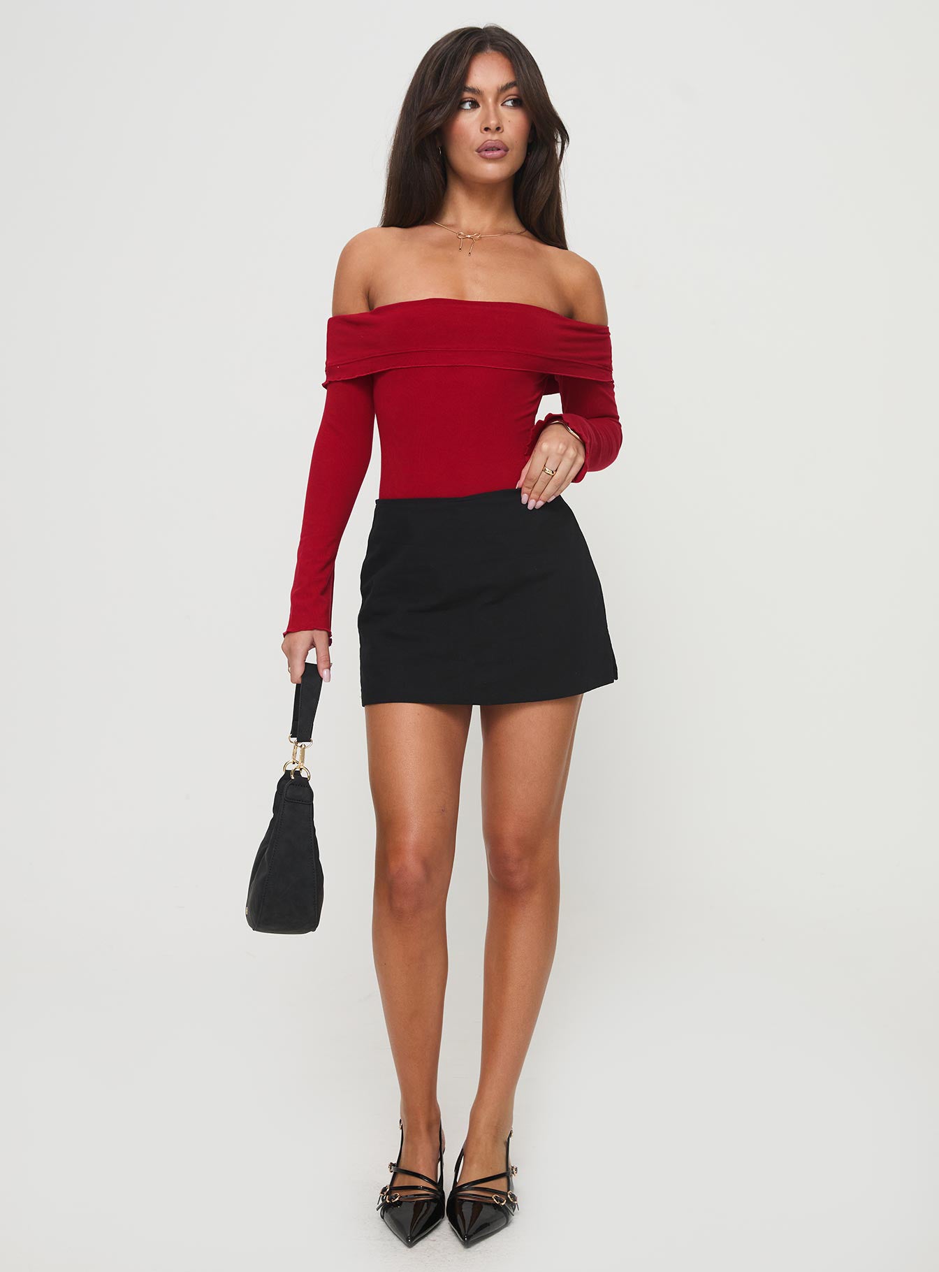 back view of model wearing Princess Polly Afterglow Off The Shoulder Bodysuit Burgundy Full Sleeves straight 