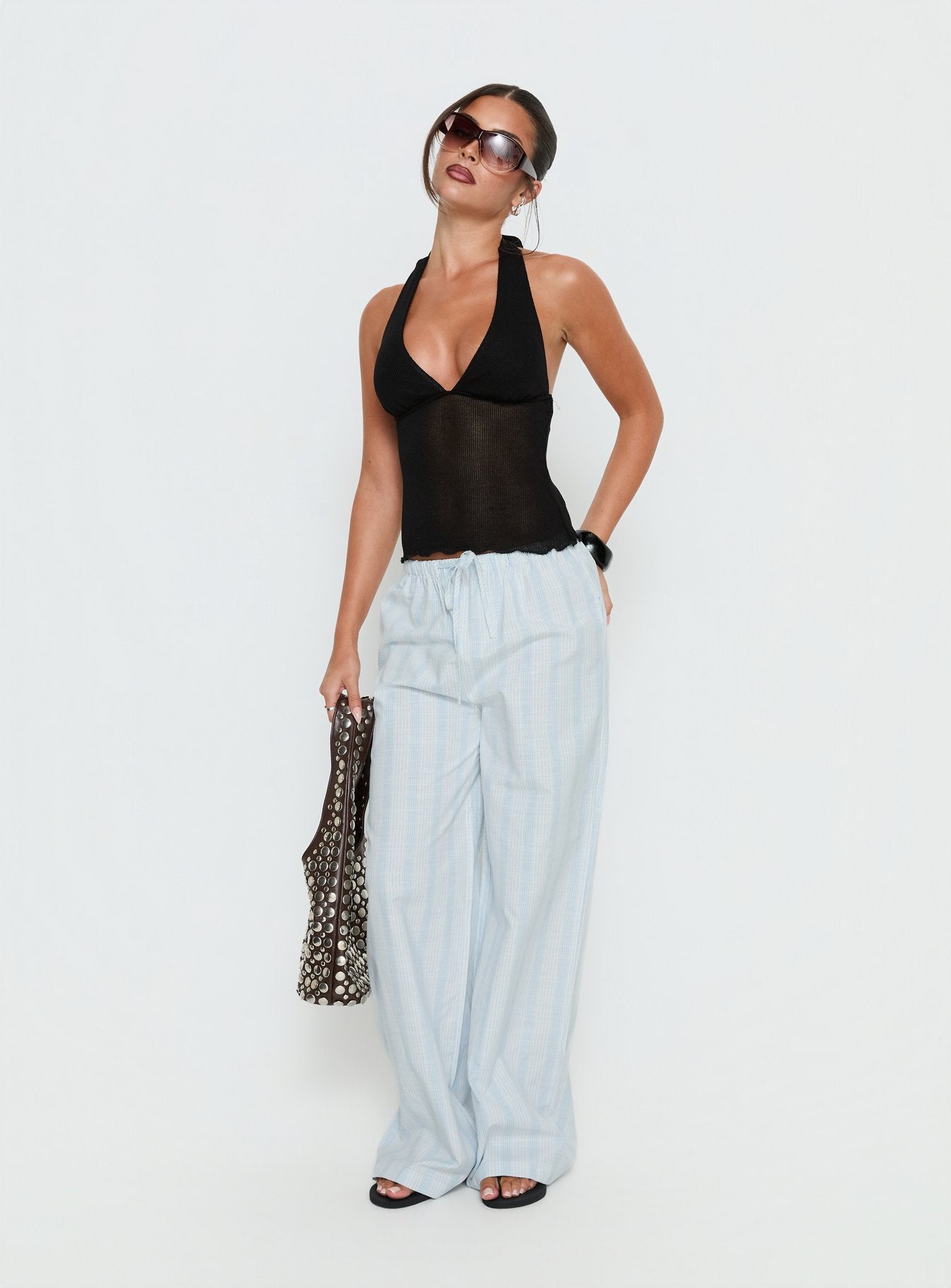 front view of model wearing Princess Polly Parklea Pants Blue / White Stripe High Rise Pants 