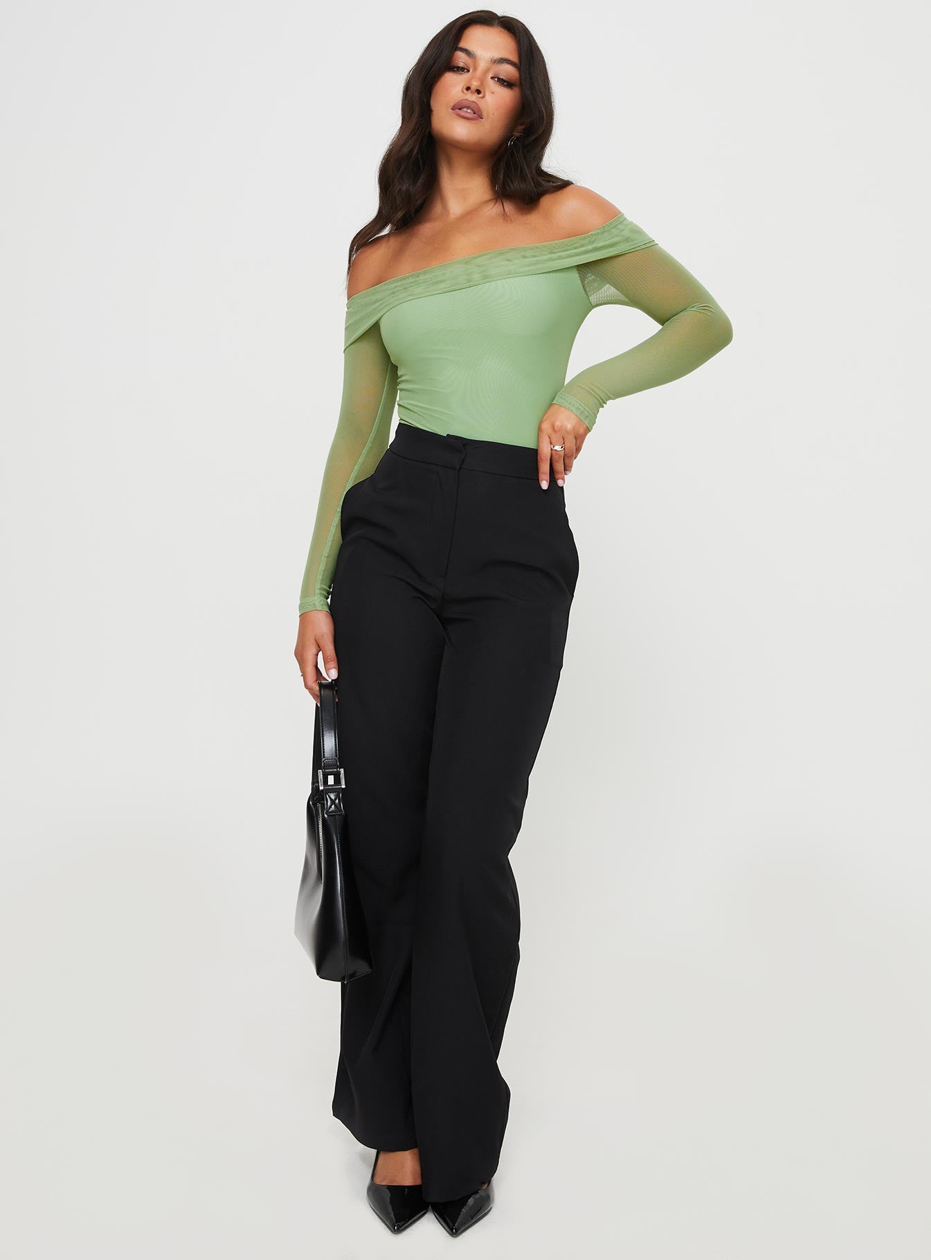 front view of model wearing Princess Polly Doza Off The Shoulder Bodysuit Green Full Sleeves straight 