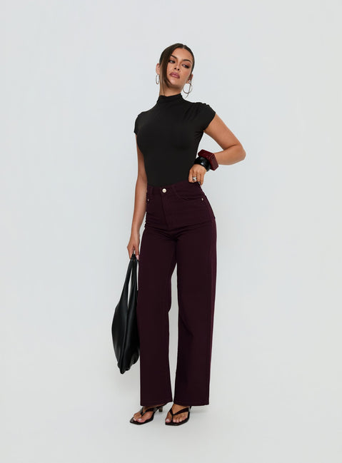 side view of model wearing Princess Polly Nicolo High Rise Straight Leg Jeans Currant High Rise Jeans 
