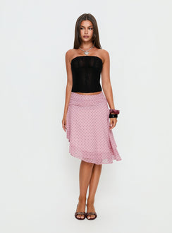 Evanescence Asymmetrical Midi Skirt Pink Polka Dot