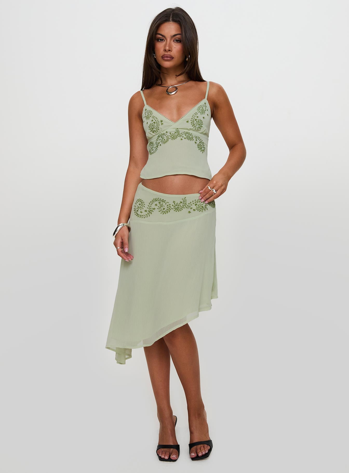 Pappilion Asymmetrical Midi Skirt Sage Petite | Princess Polly