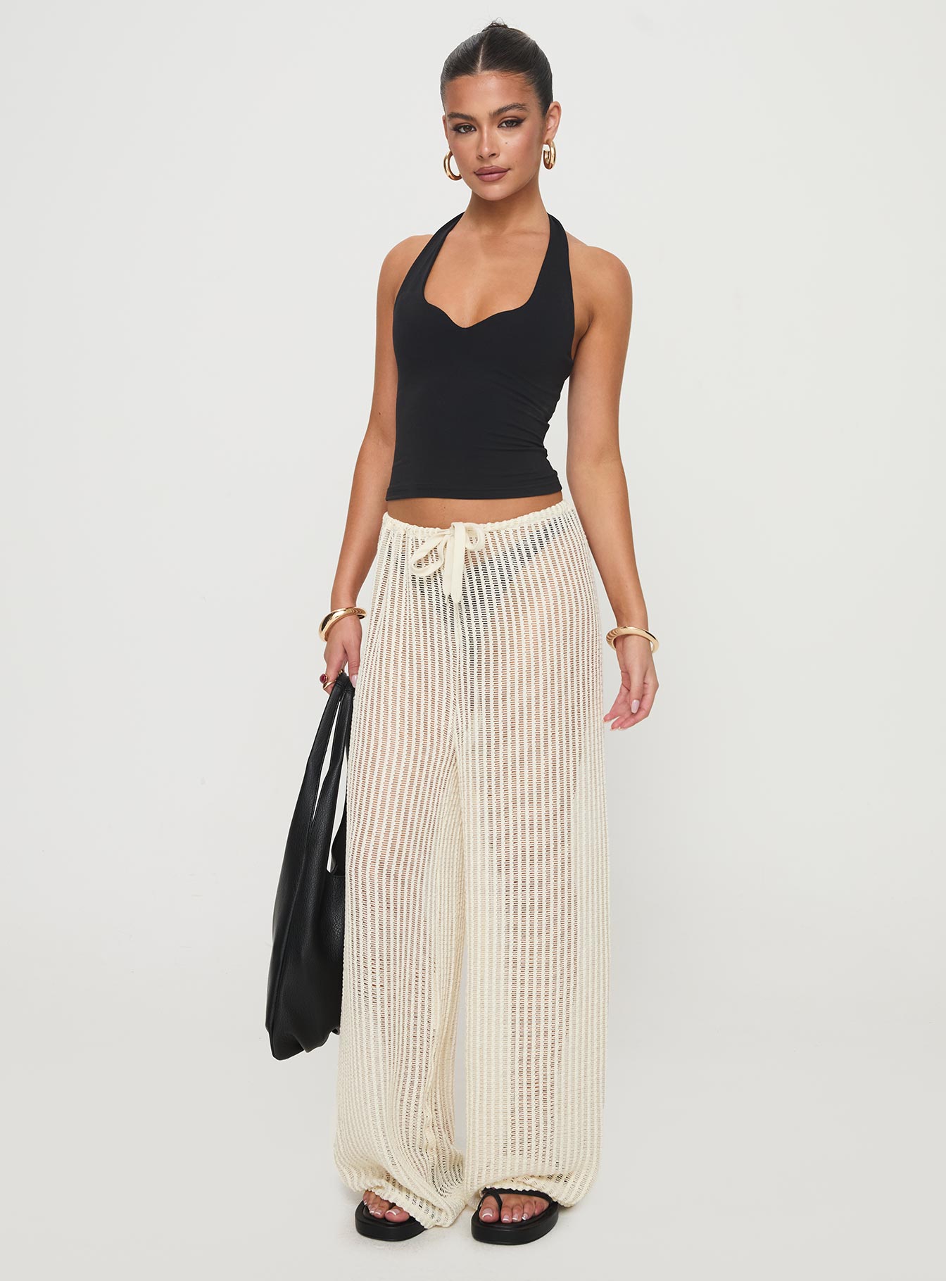 front view of model wearing Princess Polly Darcie Knit Pants Beige High Waisted Pants 