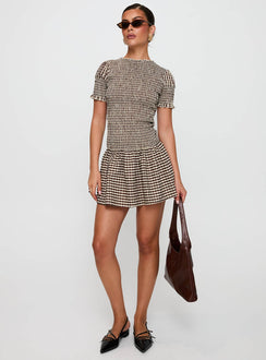 Laurita Shirred Mini Dress Brown Check | Princess Polly Laurita Shirred Mini Dress Brown Check | Princess Polly