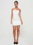 side view of model wearing Princess Polly Lindstrom Mini Dress White Square Neck 