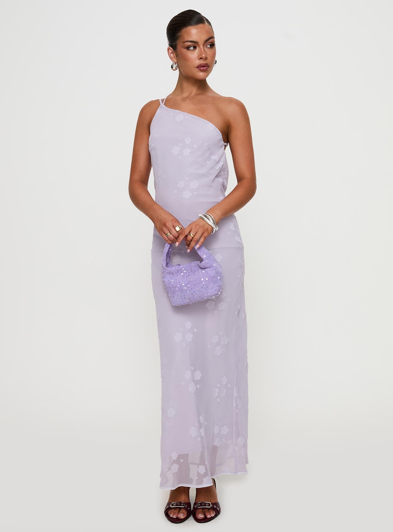 side view of model wearing Princess Polly Jazmira One Shoulder Maxi Dress Lilac Asymmetric Neckline 