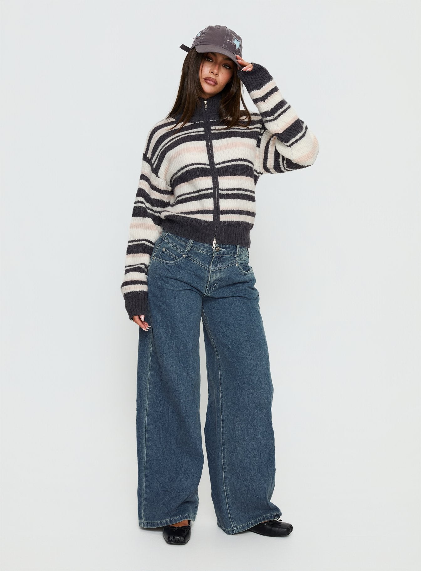 front view of model wearing Princess Polly Tetra Zip Through Knit Sweater Pink Stripe 
