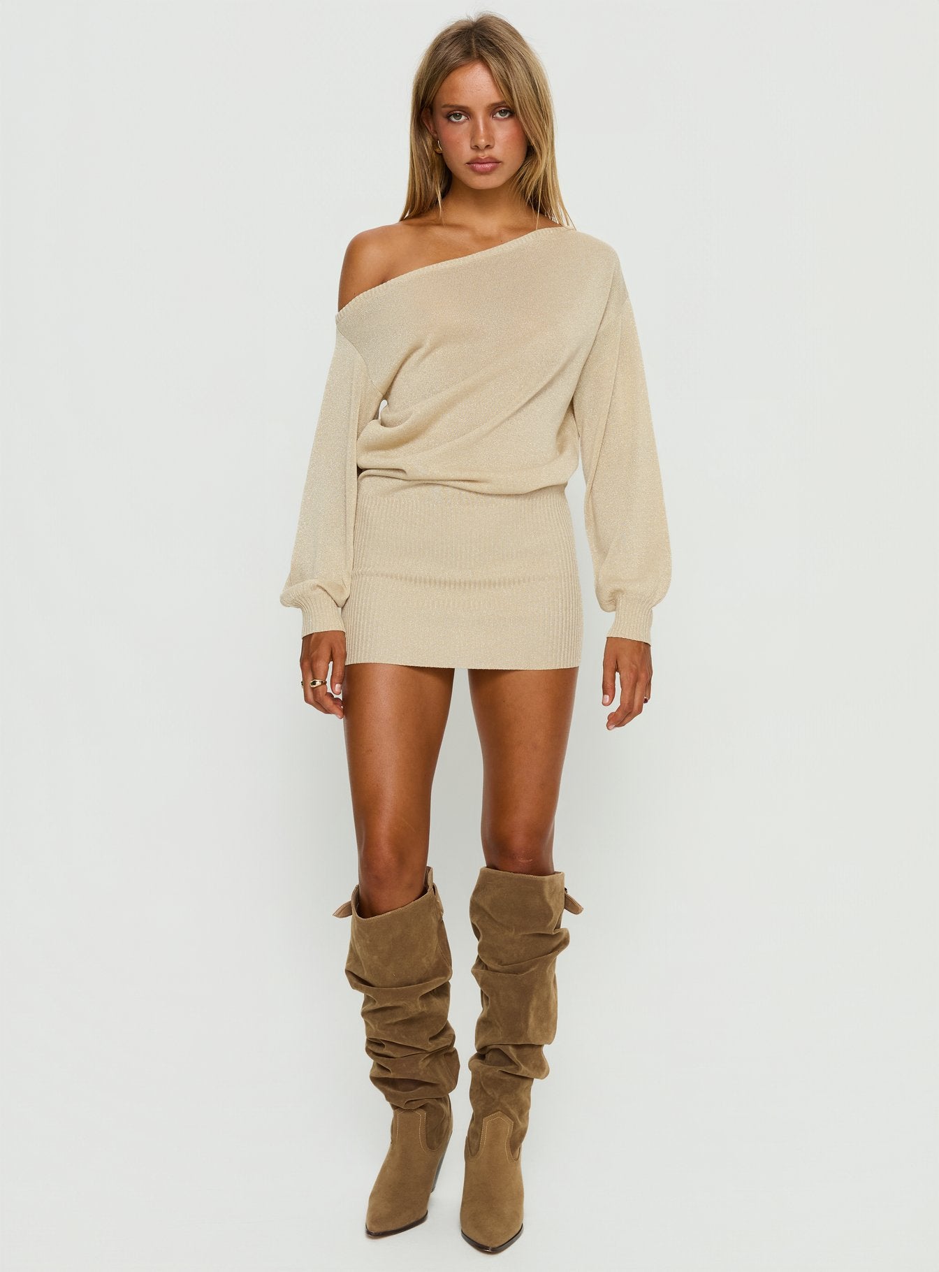 Johannah Off Shoulder Long Sleeve Knit Mini Dress | Gold | Womens | Princess Polly Johannah Off Shoulder Long Sleeve Knit Mini Dress | Gold | Womens | Princess Polly