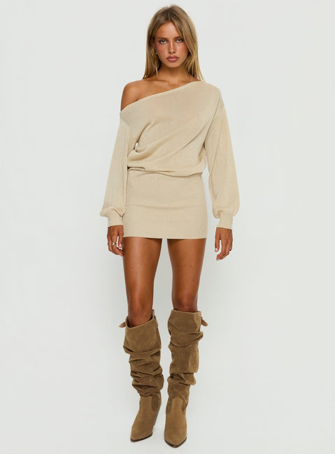 Johannah Off Shoulder Long Sleeve Knit Mini Dress | Gold | Womens