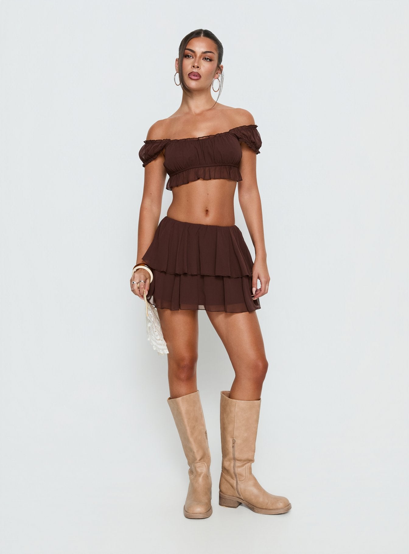 Ackee Tiered Mini Skirt Brown | Princess Polly