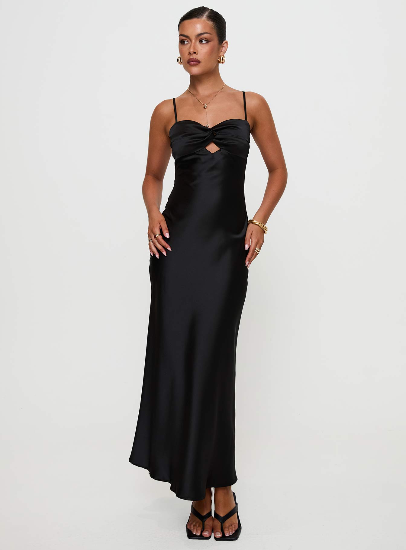 front view of model wearing Princess Polly Blackthorn Maxi Dress Black Sweetheart Neckline 