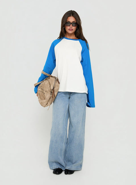 Settle Down Long Sleeve Raglan Top Blue / White