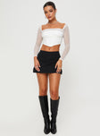Long sleeve top  Square neckline, sheer mesh material, ruched detail at bust  Good stretch, lined body 