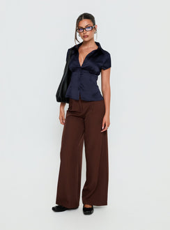front view of model wearing Princess Polly Alys Cut Out Straight Leg Pant Brown Mid Rise Pants 