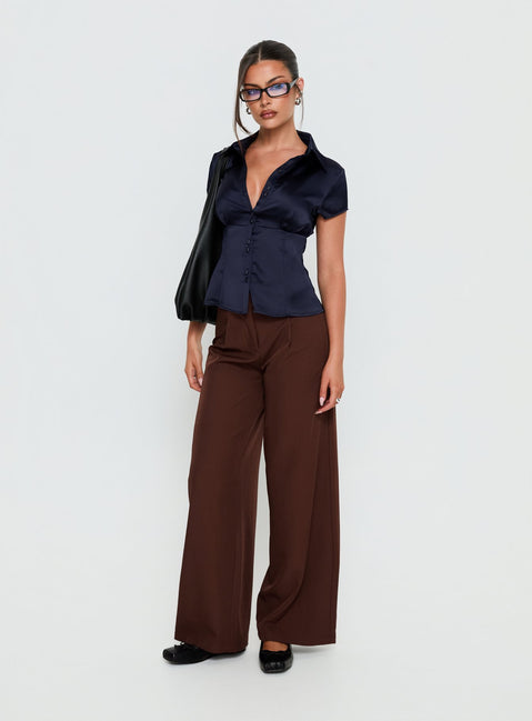 front view of model wearing Princess Polly Alys Cut Out Straight Leg Pant Brown Mid Rise Pants 