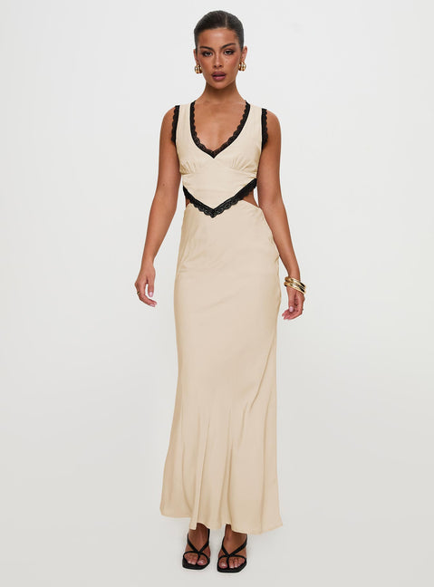 Keila Lace Trim Maxi Dress Cream / Black | Princess Polly Keila Lace Trim Maxi Dress Cream / Black | Princess Polly