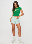 side view of model wearing Princess Polly Californian Girl Tee Green / Yellow Short Sleeves Crew Neck 