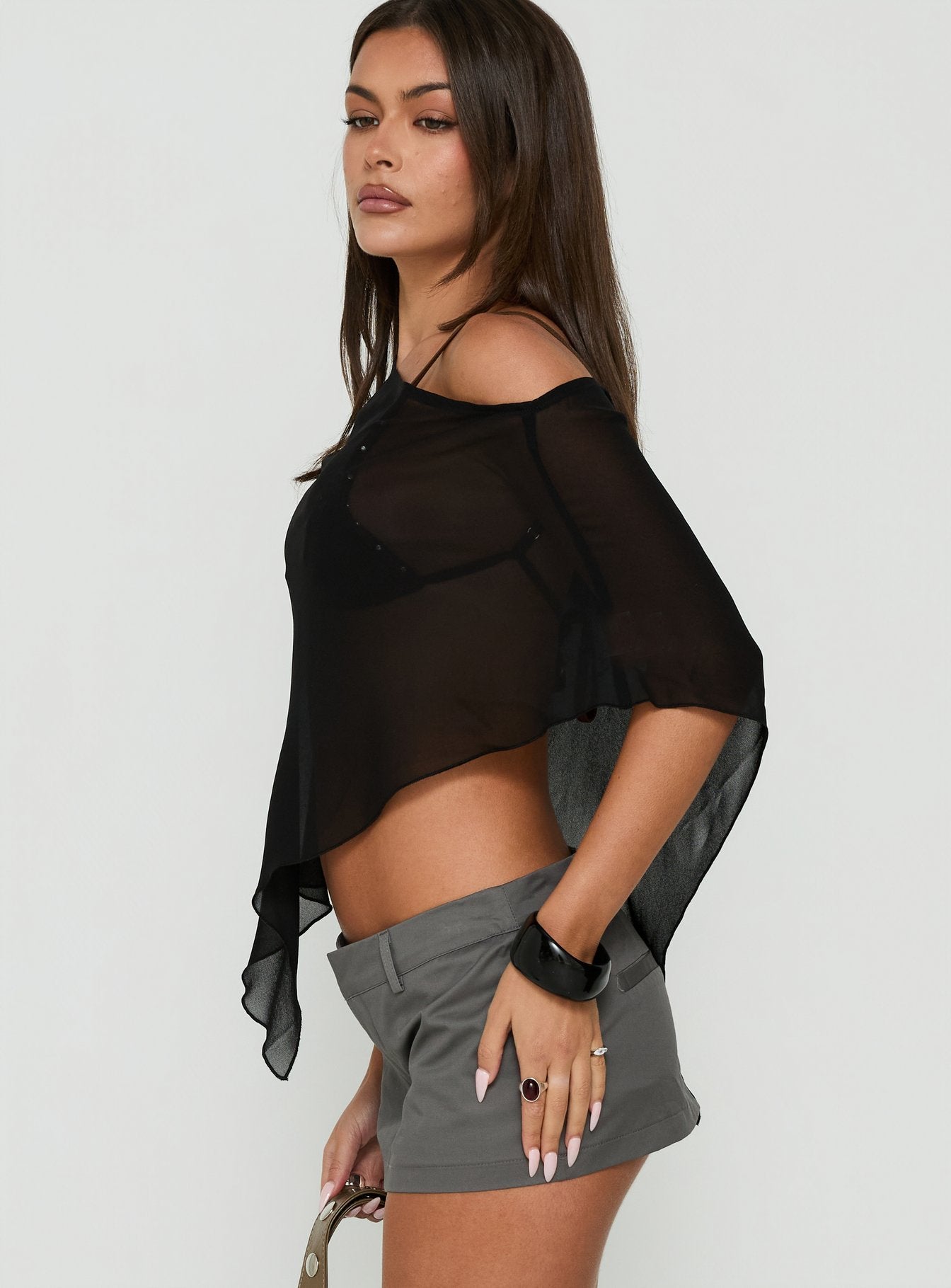 Memento Sheer One Shoulder Top Black