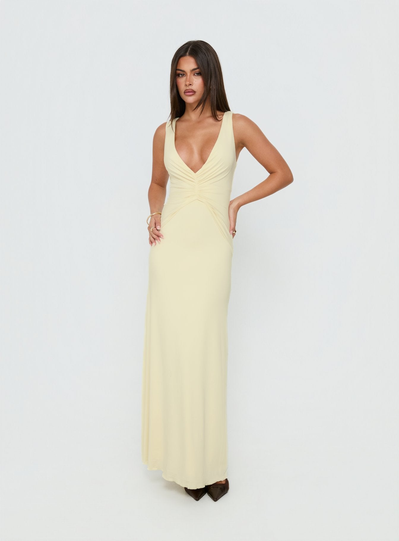 Frederica Plunge Maxi Dress Butter Yellow | Princess Polly Frederica Plunge Maxi Dress Butter Yellow | Princess Polly