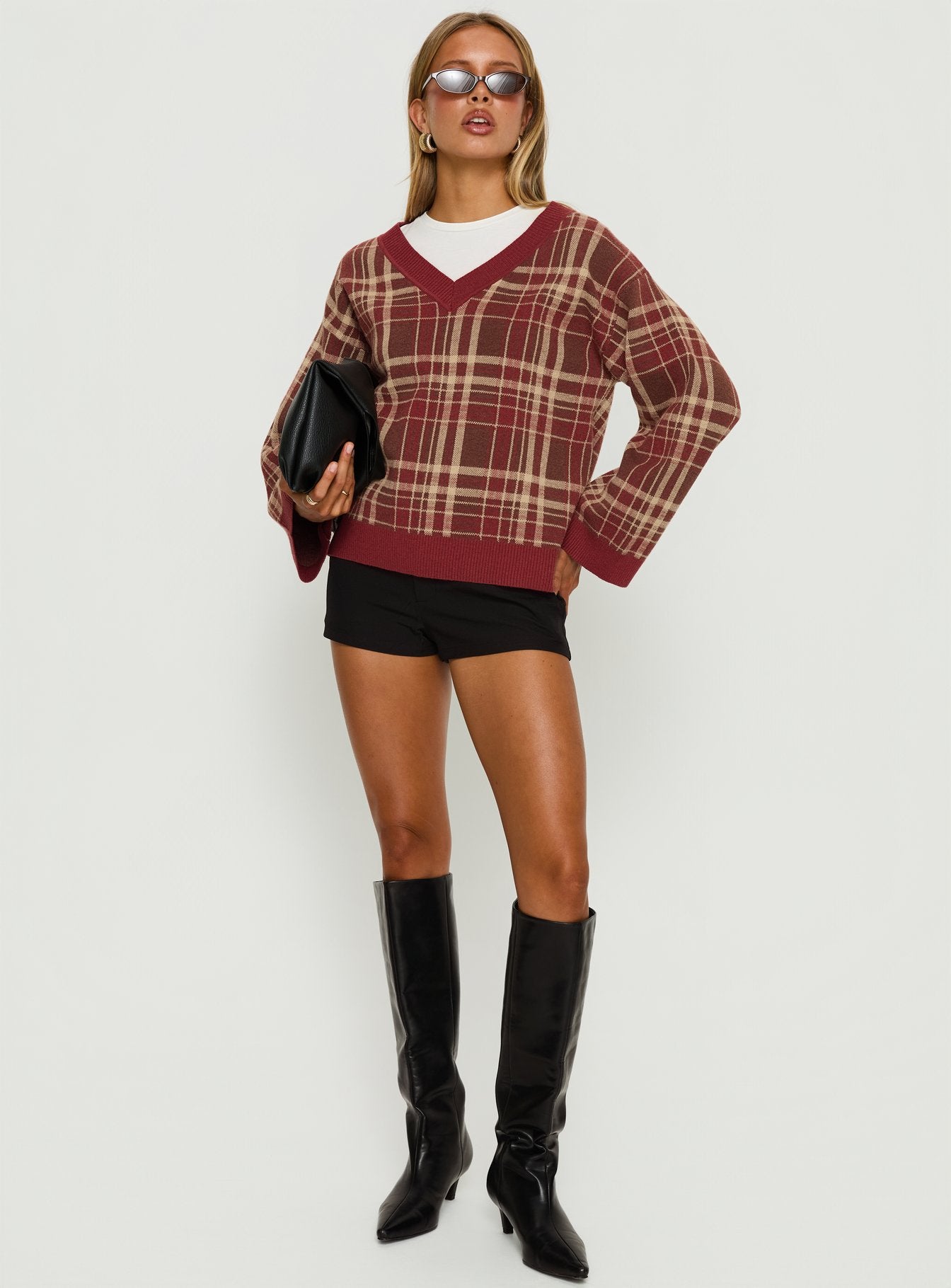 Sydda V Neck Knit Sweater Red Plaid | Princess Polly