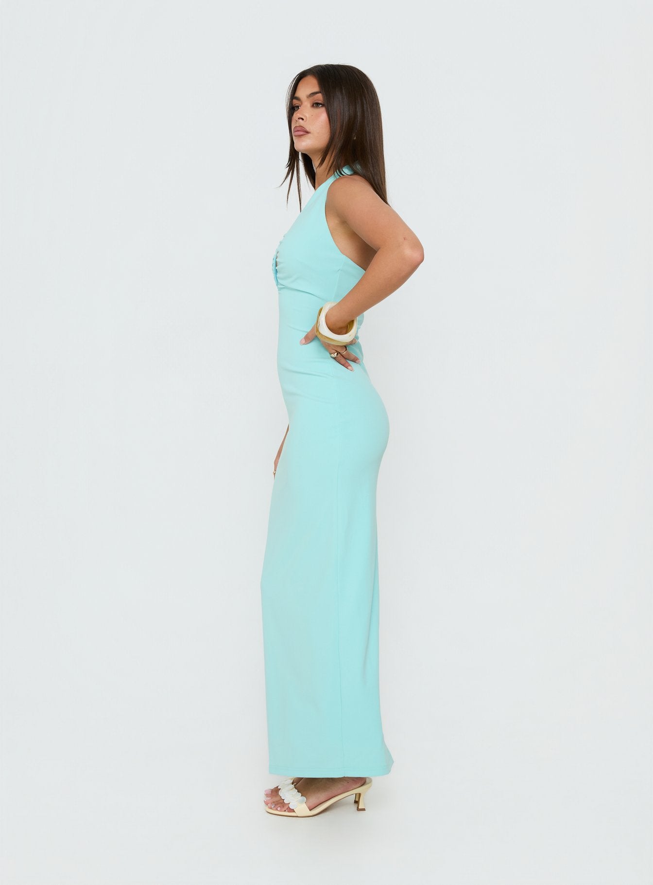 turquoise halter dress V-Neck Pleated Satin Sleeveless Long Prom Party Turquoise / 12 Long dress High halter neck Keyhole front cutout Fully beaded baroque inspired embroidery across the bodice and skirt Soft teal mesh base layered with intricate beadwork Floor Turquoise Gold Jeweled Drawstring Halter