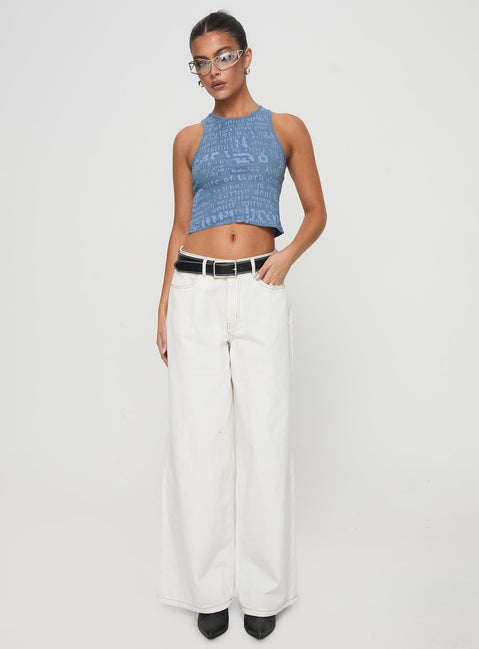 back view of model wearing Princess Polly Abdiel Top Blue Sleeveless Crew Neck 